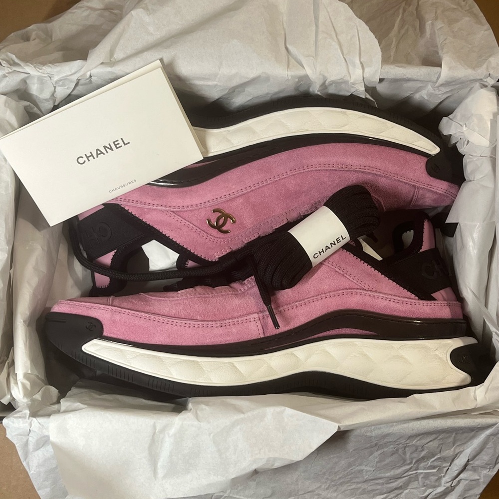 Authentic Chanel Calfskin Suede nylon grosgrain CC sneakers size 36.5